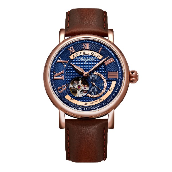ARIES GOLD AUTOMATIC INSPIRE GAUNTLET VINTAGE ROSE GOLD STAINLESS STEEL G 903A RG-BU BROWN LEATHER STRAP MEN'S WATCH